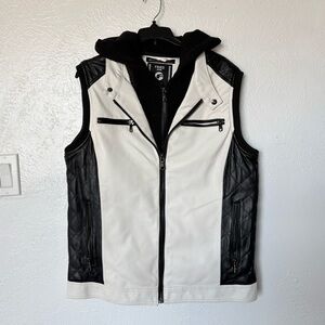 Fried Denim Men's Black and White PU Leather Vest with hoodie size MEDIUM